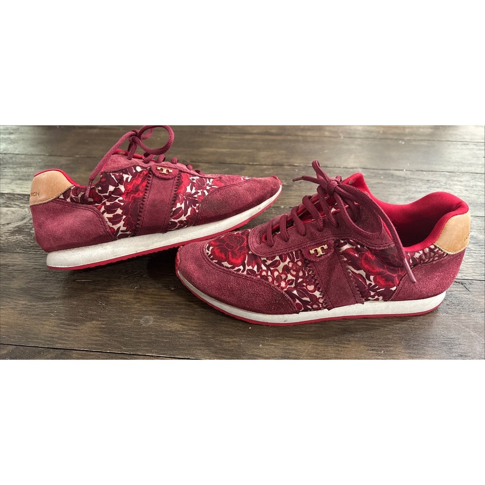 Tory Burch Red Suede Floral Sneakers Retro Shoes Burch Size 7